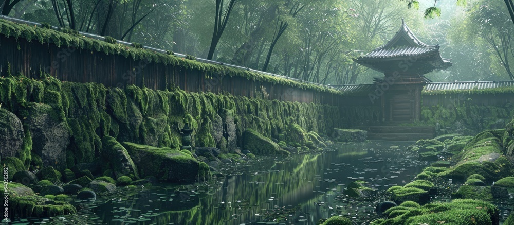 Poster Ancient Japanese building featuring moss covered stone walls in a serene setting with copy space image