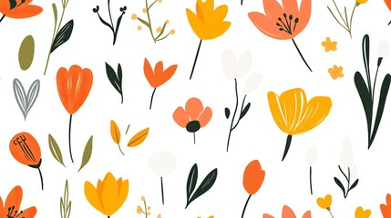 A seamless pattern with hand-drawn flowers in various shades of orange, yellow, and red.
