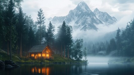 Fototapeta premium Wooden cabin glowing softly amidst towering trees, with misty mountain peaks in the background, evoking peaceful isolation.