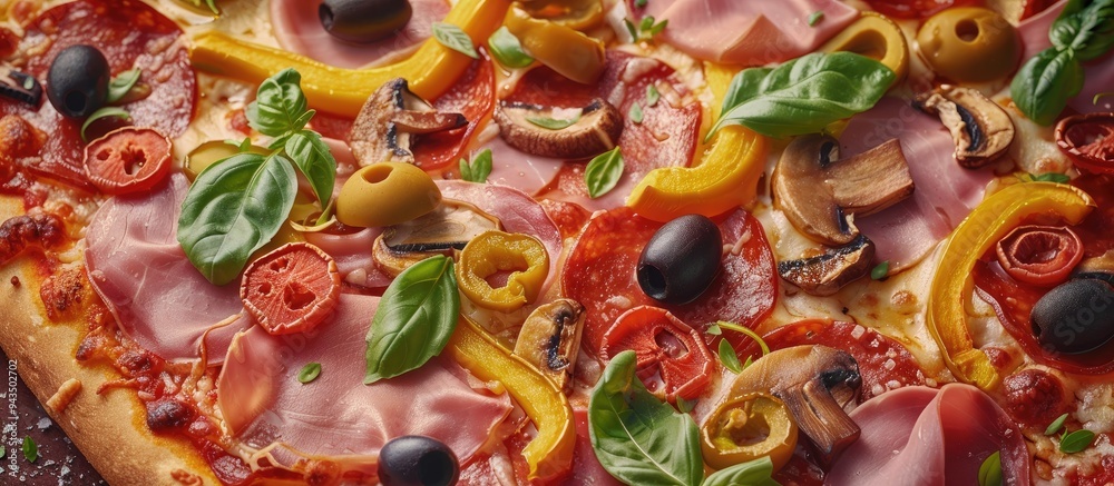 Poster a close up of a delicious pizza with a variety of toppings like ham mushrooms olives peppers and che