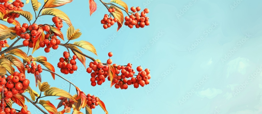 Poster a beautiful fall themed card featuring a rowan tree with autumn leaves and red berries against a blu