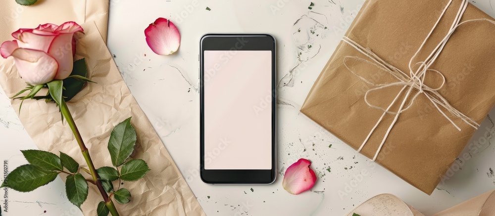 Poster Flat lay top view of a greeting card mockup featuring an empty smartphone screen a rose and a gift box with copy space image