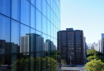 Looking Up modern high-rise office buildings with blue sky in the background, ai