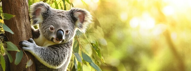 Close-up of a koala holding onto a tree, surrounded by lush green leaves, highlighting its natural habitat in Australia..