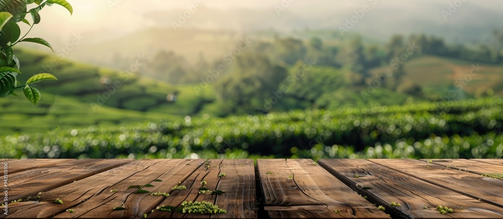 Poster Wooden table with a blurred tea plantation backdrop creating a copy space image for displaying tea products along with the scenic farm view
