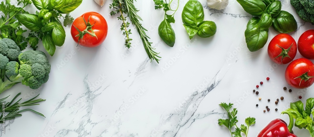 Aufkleber fresh vegetables fruits and herbs arranged on a white marble surface providing a vegetarian friendly