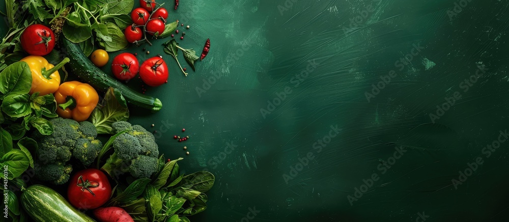 Aufkleber various fresh vegetables arranged on a green backdrop with ample copy space image