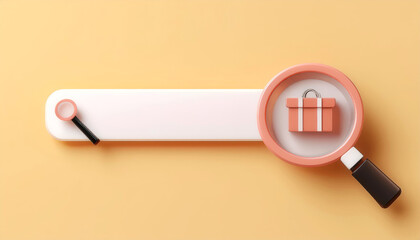A modern search bar graphic featuring a magnifying glass and a gift icon on a vibrant yellow background.