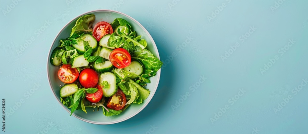 Poster fresh vegetable salad in a bowl with tomato and cucumber on a light blue backdrop perfect for a copy