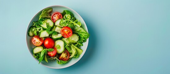 Fresh vegetable salad in a bowl with tomato and cucumber on a light blue backdrop perfect for a copy space image