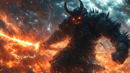 Oni Samurai Warrior Wielding Glowing Katana on Stormy Battlefield with Lightning