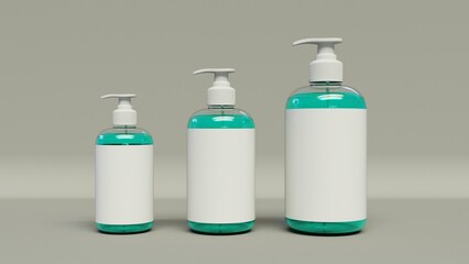 3d render of cosmetic bottles with blank label on gray background