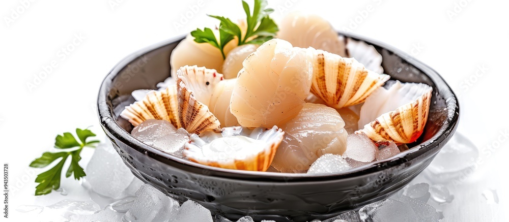 Poster Fresh scallops on ice isolated on a white background for text with copy space image