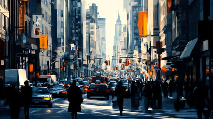 Obraz premium Busy city street with pedestrians and traffic