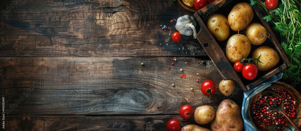 Poster Fresh potato appetizer on a rustic table with copy space image for a top view food background