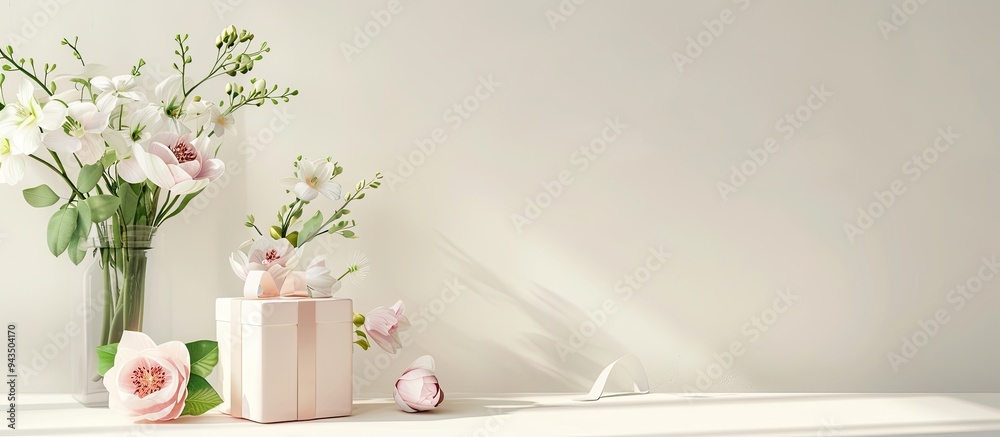 Poster Spring flowers decor and an elegantly wrapped gift box displayed on a light background with a copy space image