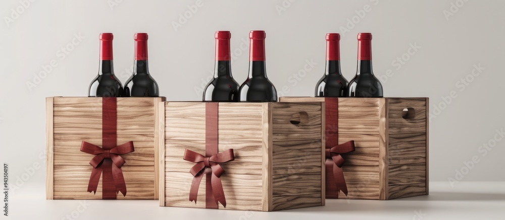 Poster Wooden gift boxes containing wine depicted in a picture with empty space for text or other images. Creative banner. Copyspace image