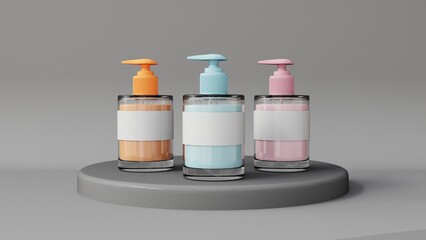 3d render of cosmetic bottles with dispenser on grey background