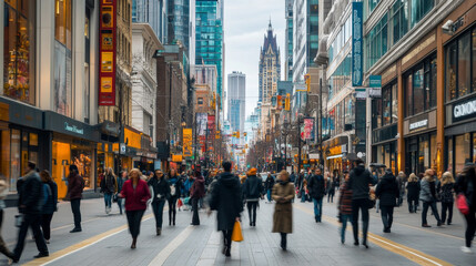 Busy urban street with people walking and shopping
