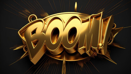 Golden boom text explosion on black background with dynamic energy