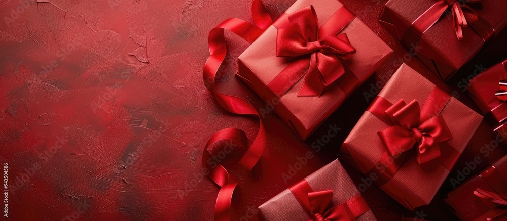 Poster top down view of gift boxes with a red ribbon on a matching red background creating an appealing cop