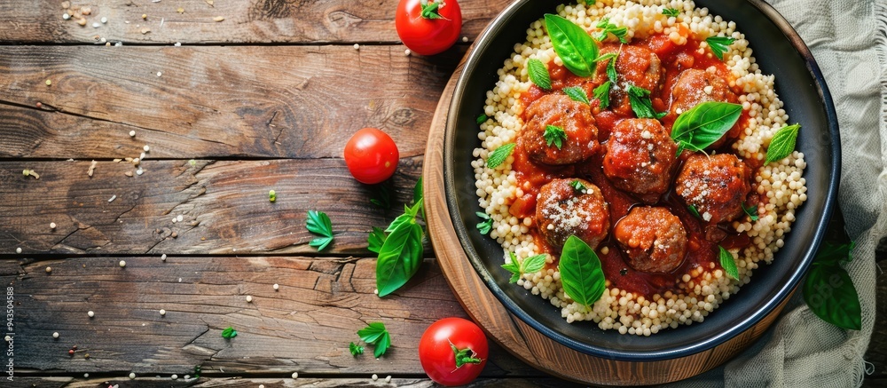 Poster A delicious and fresh meal featuring couscous with meatballs in vegetable sauce set on a rustic table with a top view copy space image ideal for keto or paleo diets