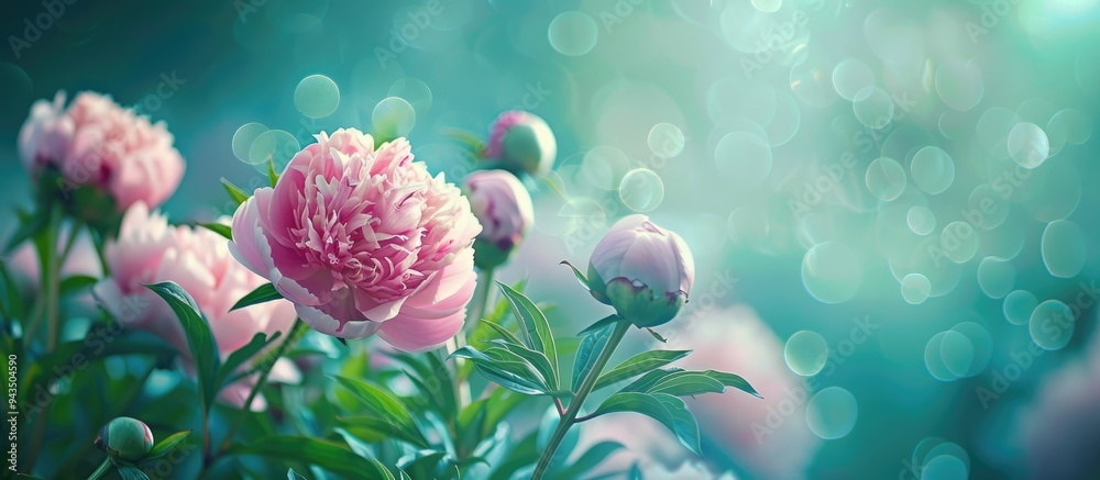 Poster a beautiful close up image of pink peonies blooming in a spring garden with a green background and l