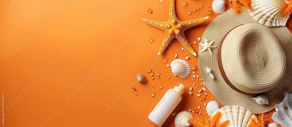Leinwandbilder sunscreen seashells and a hat arranged on an orange background with copy space image