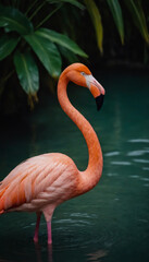 A flamingo is standing in a body of water