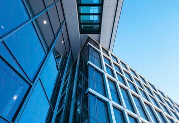 Looking Up modern high-rise office buildings with blue sky in the background, ai