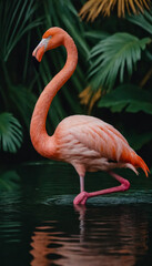 Fototapeta premium A flamingo is standing in a body of water