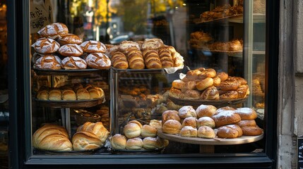 A bakery's glass window from the outside, showing off freshly baked bread, soft rolls, and cookies, all beautifully arranged to attract hungry passersby