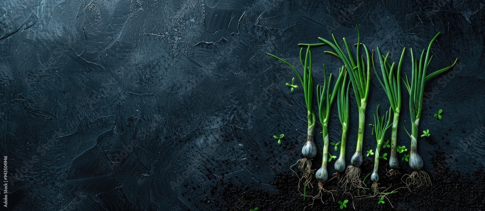 Aufkleber homegrown sprouted onions on a dark backdrop with a copy space image on top showcasing this raw eco 