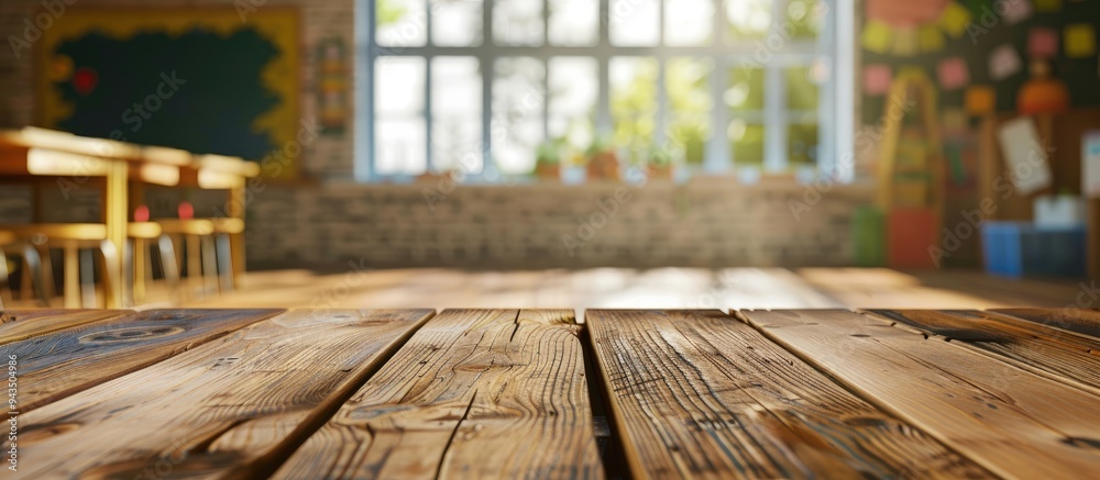 Poster Wooden table with a blurred school classroom background creates copy space for product placement amidst a picturesque school setting