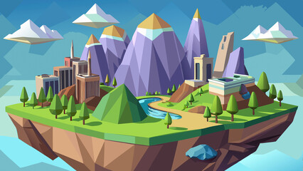 Fototapeta premium Low-poly cityscape with mountains and floating landscape