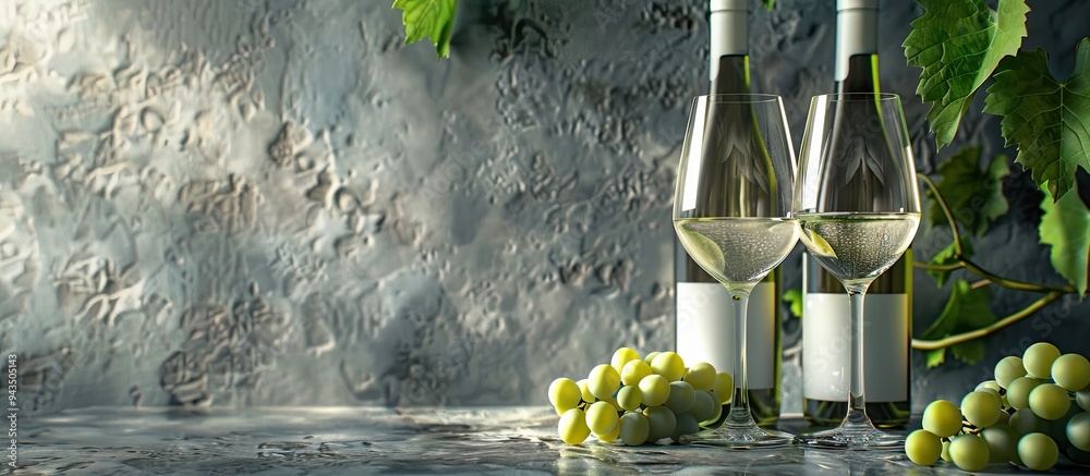Poster white wine bottle and glasses with grapes against a gray backdrop with a space for additional images