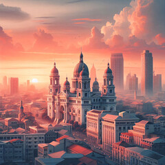 Fototapeta premium Sunset over a futuristic cityscape with iconic architecture