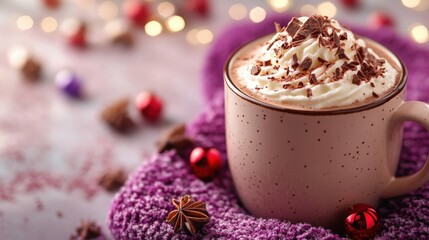 Hot chocolate in a festive winter mug, purple background, cute design, winter vibes, close-up