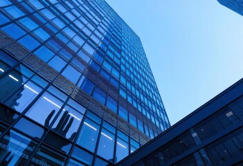 Looking Up modern high-rise office buildings with blue sky in the background, ai