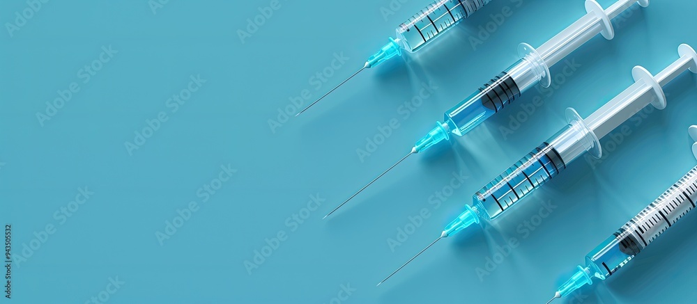 Aufkleber Aerial view of syringes with needles on a blue background emphasizing copy space image Depicting the concept of injection treatment