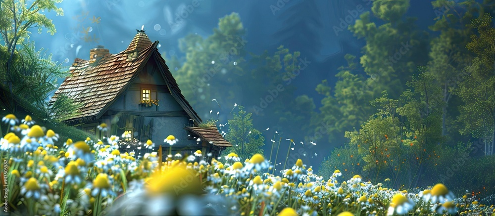 Poster daisies and dandelions blooming next to a quaint cottage with a spot for adding text or designs copy