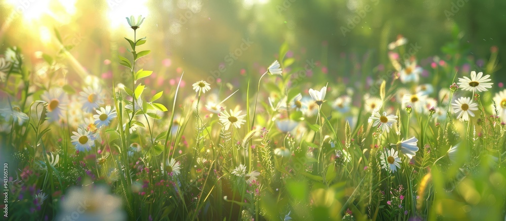 Poster summer meadow with wildflowers and grass under sunlight creating a nature aesthetic with wild growth