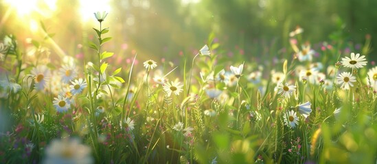 Summer meadow with wildflowers and grass under sunlight creating a nature aesthetic with wild growth and white blossoms ideal for a copy space image © HN Works