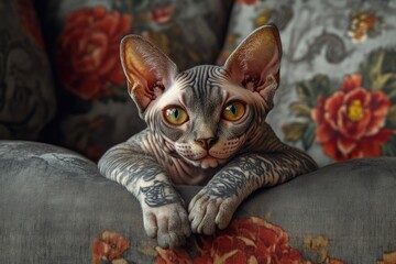 Stylish Tattooed Sphynx Cat Posing On Gray