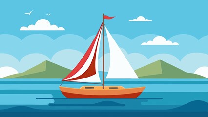 Fototapeta premium Colorful sailboat cruising on calm sea with mountain view