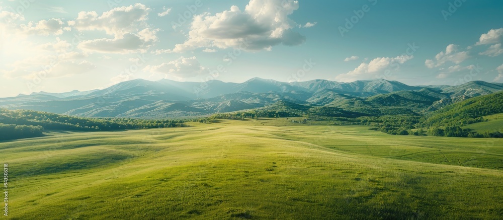 Leinwandbilder aerial view landscape showing a green meadow in the countryside during spring or summer with a sunny