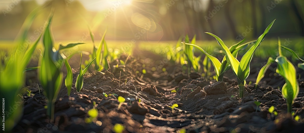 Poster close up view of young corn plants in a field with the natural sunlight in the background portraying