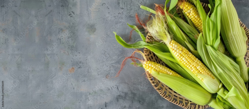 Poster fresh baby corn with red silk still in the husk presented on a sieve plate on a gray table backgroun