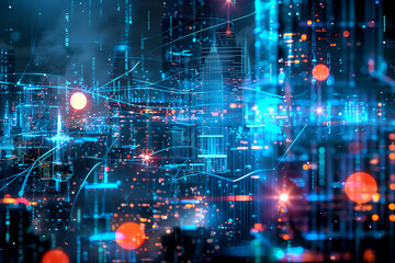 Obraz premium A futuristic cityscape at night showcases a blend of communication and advanced technology. Generative AI.