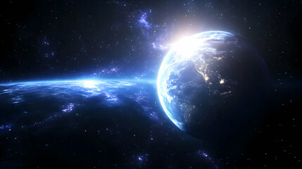 A bright, glowing planet with a ring of light around it, seen from space with a starry background.